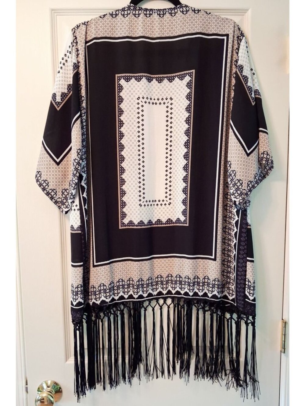 Sweet Rain Boho Kimono Cardigan W/ Long Fringe Trim Geometric Print Womens Size - Picture 3 of 11